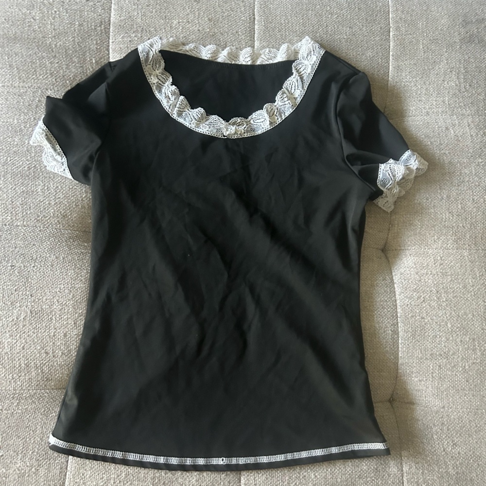 Black Strapless Bodysuit with Lace Trim